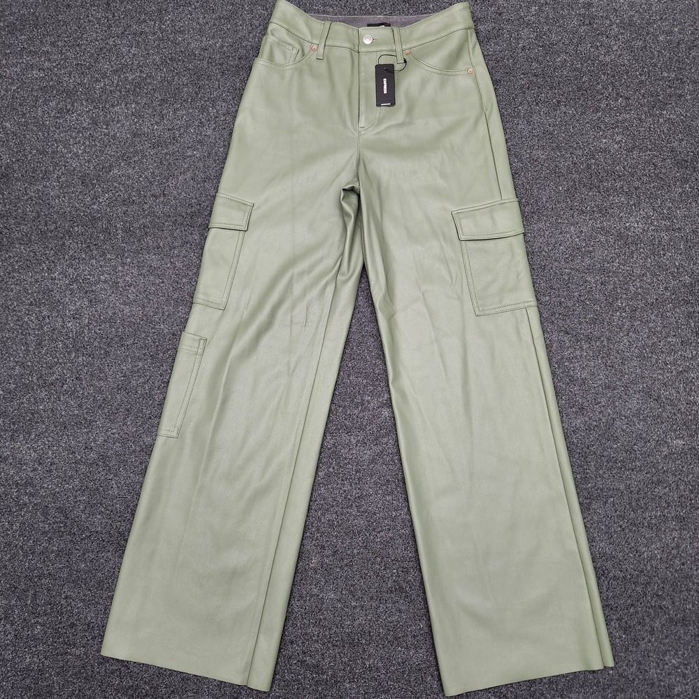 NWT Express Womens 2R Olive Green‎ Faux Leather High Rise Wide Leg Cargo Pants